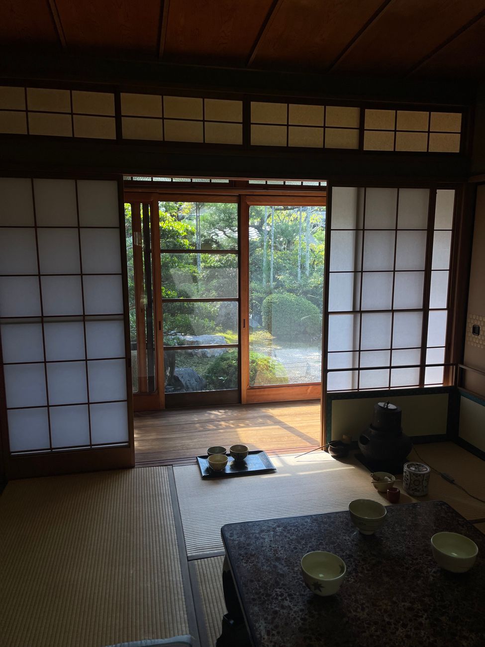 Traditional Japanese tea set overlooking bamboo trees